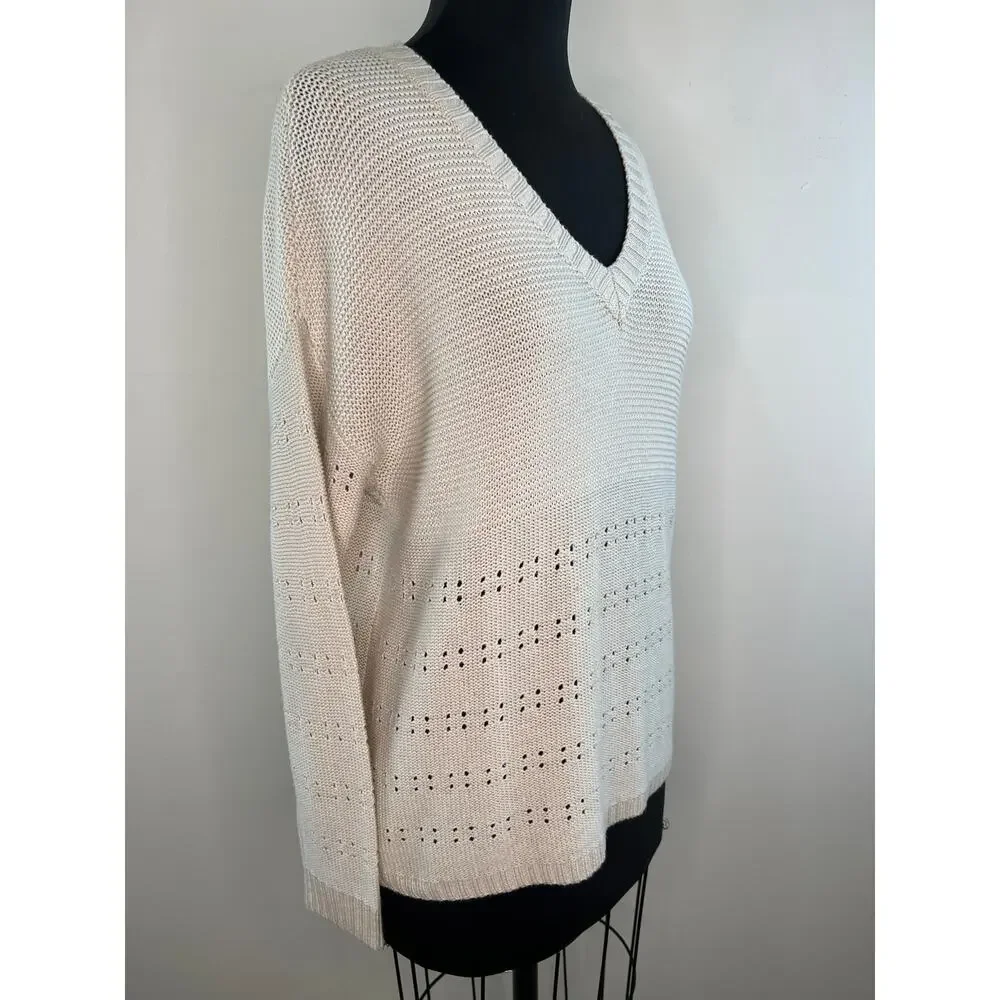 Manoukian Ivory V-Neck Relaxed Fit Long Sleeve Knit Top Sweater Medium Large M/L